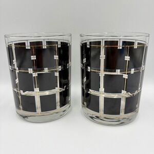 Vintage Mid Century Modern Gold Black Double Old Fashioned Whiskey Glass 4.25"